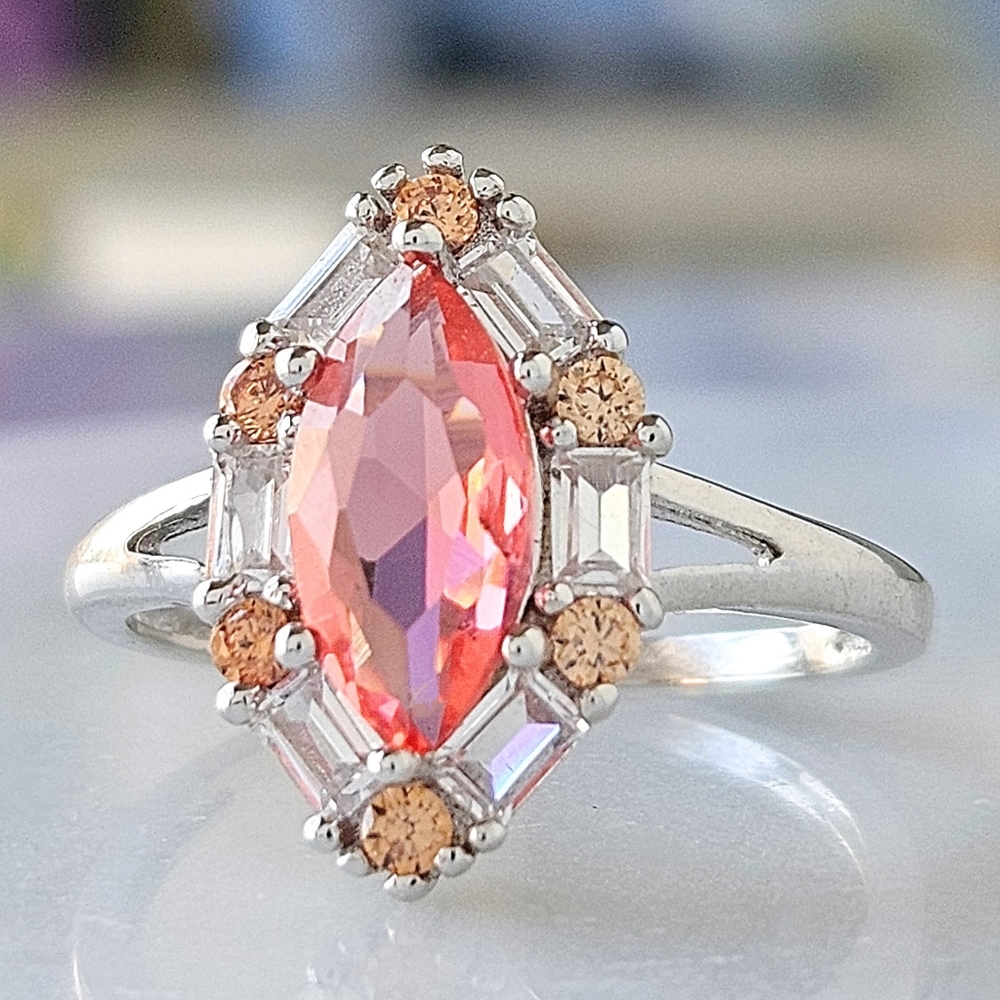 Marquise Pink & Peach Gemstone Ring, 925 Sterling Silver Charmed Aroma